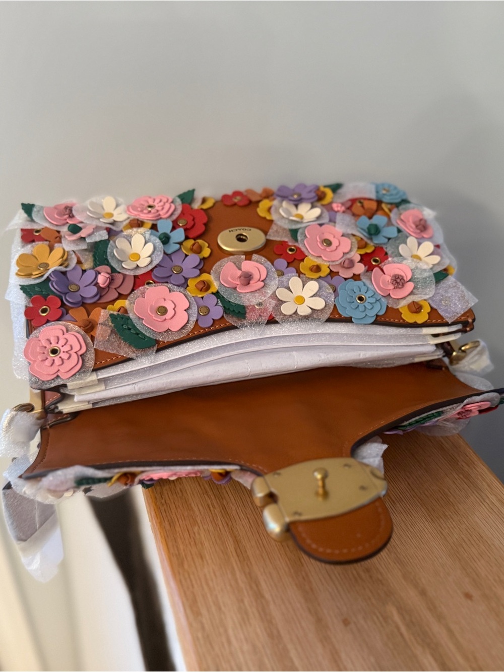 Floral Appliqué Leather Clutch - Multicolor - Picture 3 of 4